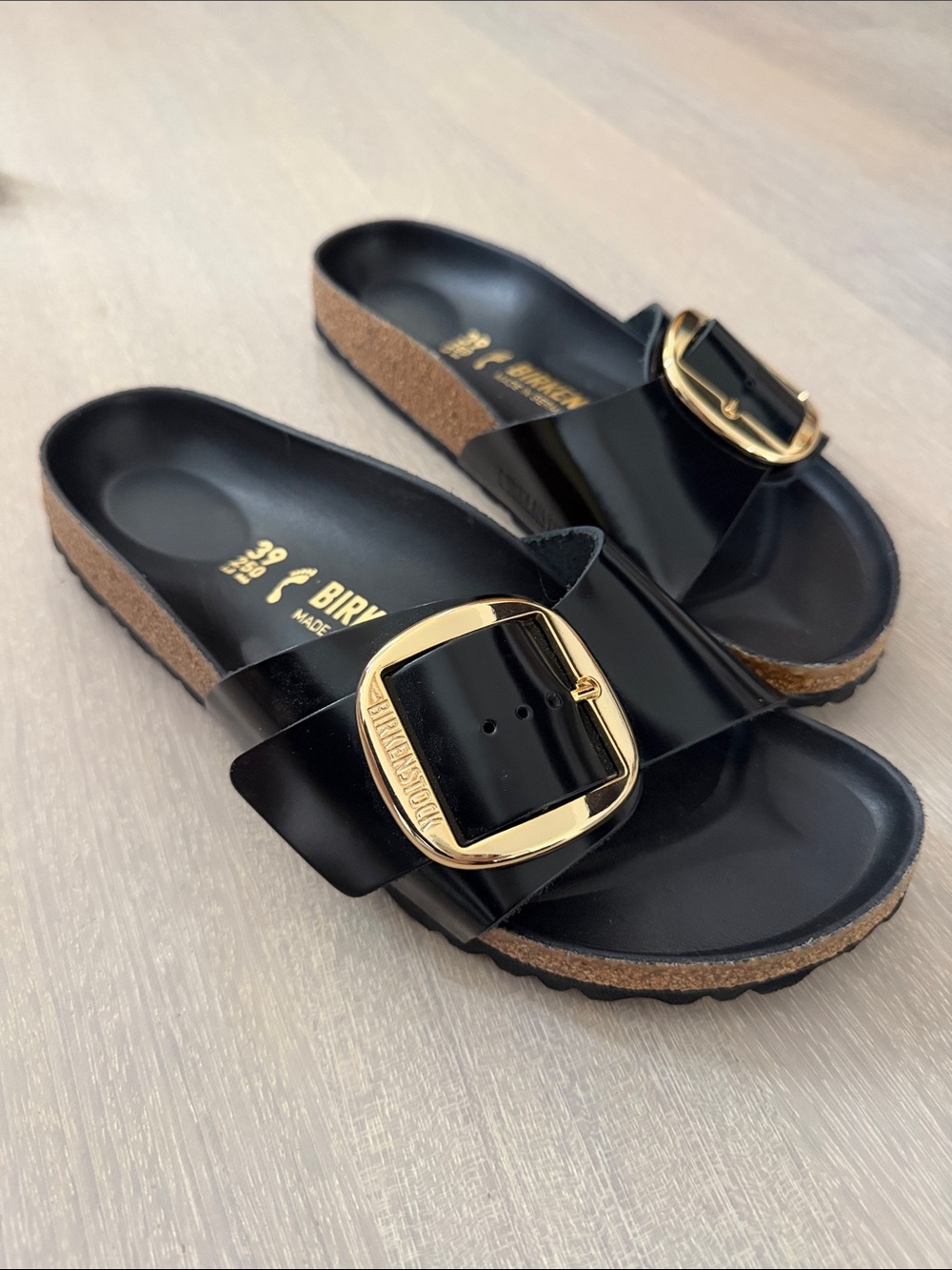 Birkenstock Black Patent Madrid Slides with Gold Buckles - Picture 7 of 8